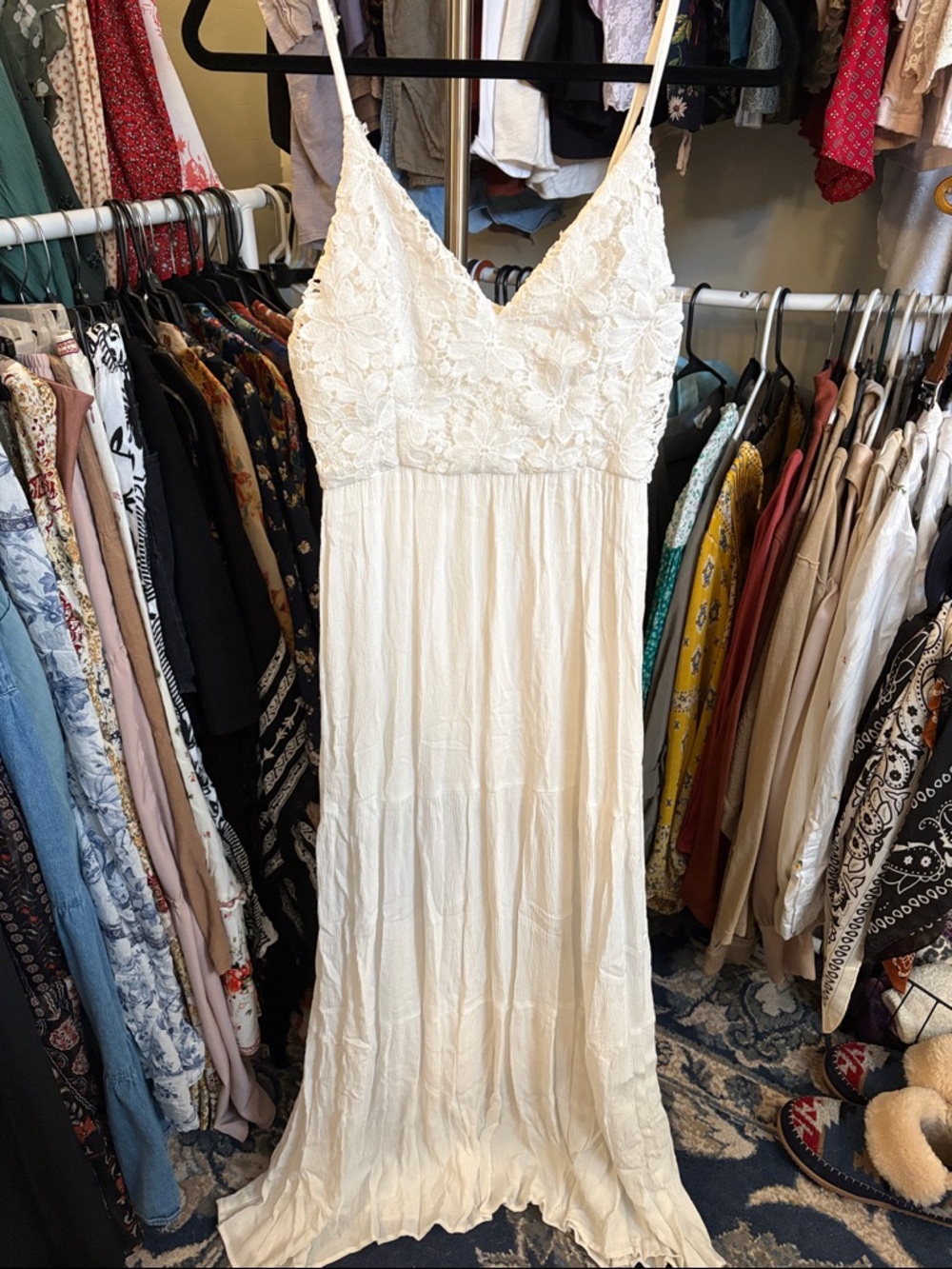 White Lace Bodice Maxi Dress with Spaghetti Straps